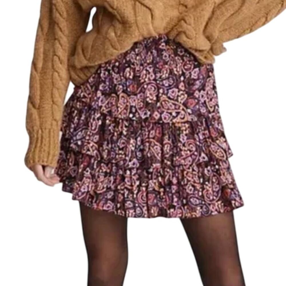 Anthropologie Pink White Paisley Tiered Elastic Waist Mini Ruffle Skirt Size XL